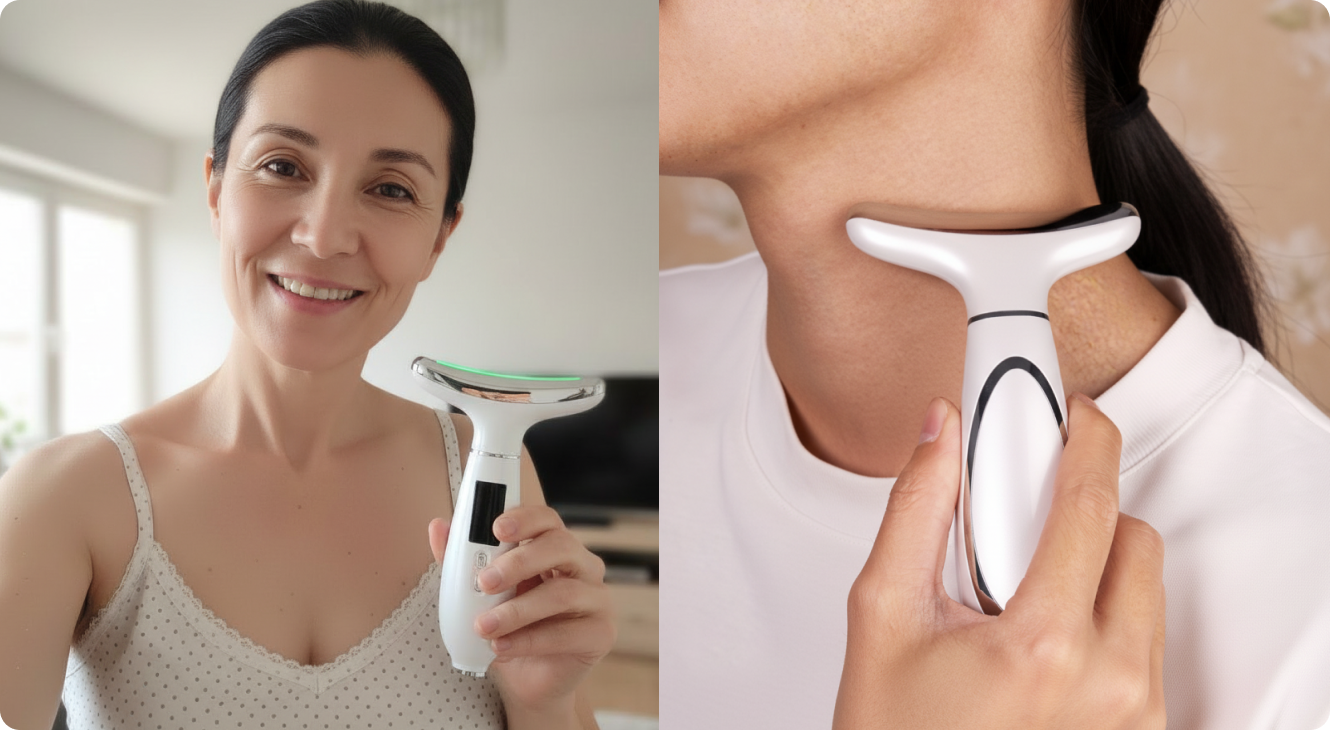 woman using MyoGlow LED face lifting device for skin tightening and facial toning